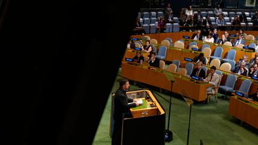 El presidente ucraniano Volodymyr Zelenskyy en la Asamblea General de las Naciones Unidas en Nueva York el 23 de septiembre del 2026. (AP foto/Seth Wenig)