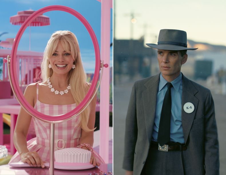 Esta combinación de imágenes muestra a Margot Robbie en una escena de Barbie, a la izquierda, y a Cillian Murphy en una escena de Oppenheimer. (Warner Bros Pictures/Universal Pictures vía AP)
