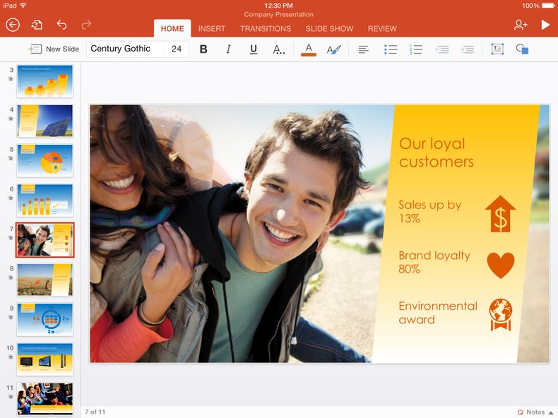 Esta imagen de pantalla difundida por Microsoft muestra la versi&oacute;n para iPad del app de Microsoft PowerPoint. Microsoft present&oacute; el jueves 6 de noviembre de 2014 nuevas versiones de sus apps para el programa Office para iPhone y iPad, como p