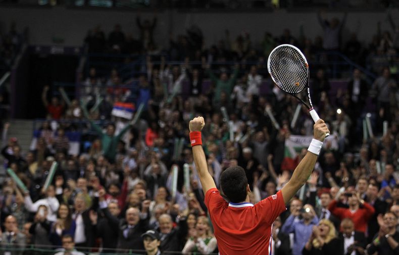 El serbio Novak Djokovic festeja tras vencer al checo Radek Stepanek en la final de la Copa Davis el viernes, 15 de noviembre de 2013, en Belgrado. (AP Photo/Darko Vojinovic)