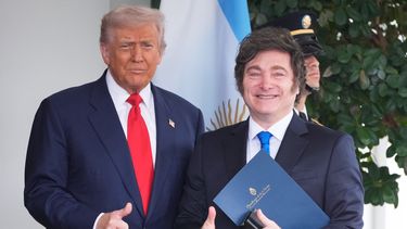 ARCHIVO - El presidente Donald Trump recibe al presidente de Argentina, Javier Milei, a su llegada a la Casa Blanca, el martes 14 de octubre de 2025, en Washington. (AP Foto/Mark Schiefelbein, Archivo)