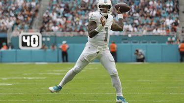 El quarterback de los Dolphins de Miami Tua Tagovailoa (1) lanza un pase para touchdown al wide receiver Tyreek Hill (10) durante la segunda mitad del juego contra los Raiders de Las Vegas, el domingo 17 de noviembre en 2024, en Miami Gardens, Florida. (AP Photo/Lynne Sladky)