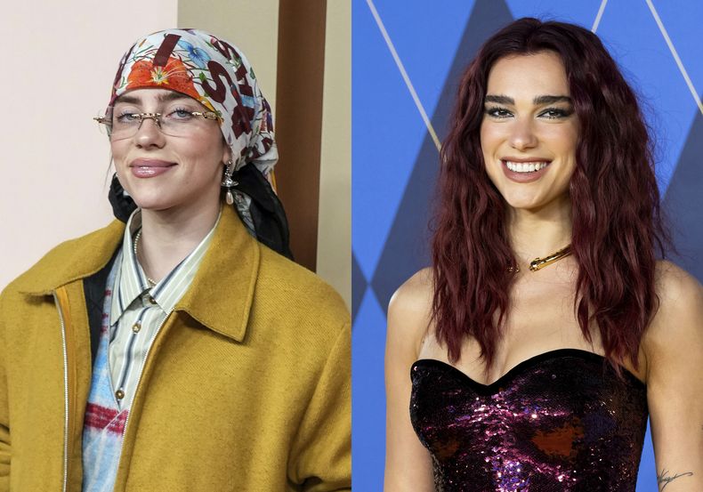 Billie Eilish en el almuerzo de nominados a la 96a edición de los Premiosde la Academia en Beverly Hills, California, el 12 de febrero de 2024, izquierda, y Dua Lipa en el estreno mundial de Argylle en Londres el 24 de enero de 2024. ambas participan en el soundtrack de Barbie. (Foto AP)