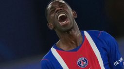 Ousmane Dembélé, del PSG, grita durante el partido de la fase inicial de la Liga de Campeones entre PSG y Slovan Bratislava, el miércoles 9 de septiembre de 2026, en París. (AP Foto/Thibault Camus)