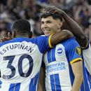 Julio Enciso, centro, de Brighton, celebra con sus compañeros de equipo después de anotar el gol del empate durante el partido de la Liga Premier entre Brighton y Hove Albion y Manchester City en el estadio AMEX, en Brighton, Inglaterra, el miércoles 24 de mayo de 2023. (AP Foto/Kirsty Wigglesworth)