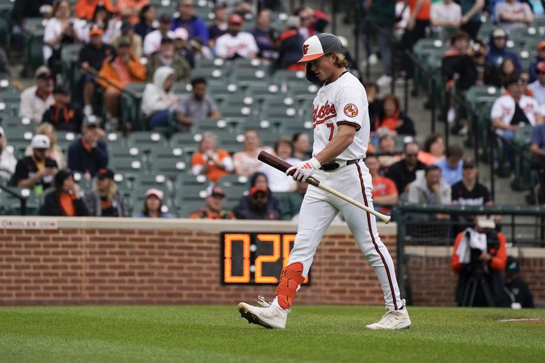 Jackson Holliday de los Orioles de Baltimore se dirige hacia el banco luego de ser ponchado ante los Mellizos de Minnesota durante la sexta entrada del juego de béisbol, el miércoles 17 de abril de 2024, en Baltimore. (AP Foto/Jess Rapfogel)