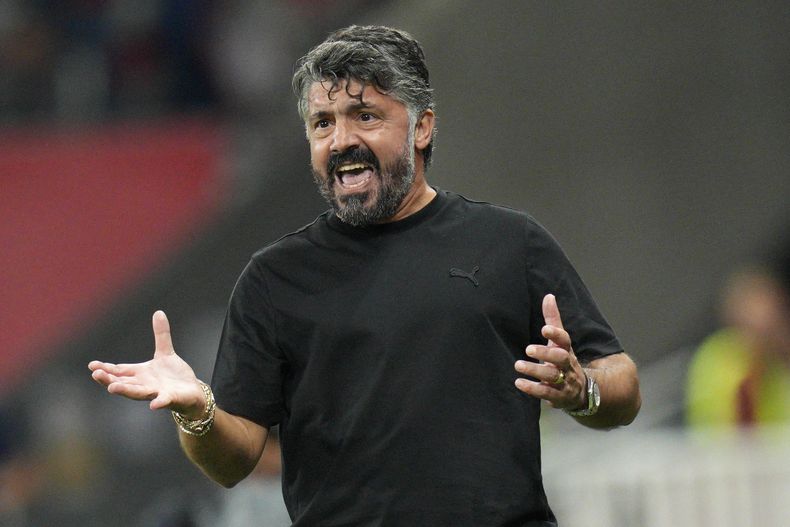 ARCHIVO - El técnico del Olympique de Marsella Gennaro Gattuso durante el partido contra Niza en la liga francesa, el 21 de octubre de 2023. Gattuso ha sido despedido del cargo. (AP Foto/Daniel Cole)