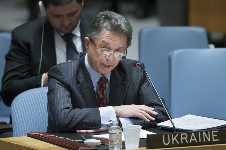 El embajador ucraniano Yuriy Sergeyev habla en el Consejo de Seguridad de la ONU sobre la crisis de Ucrania el s&aacute;bado, 15 de marzo del 2014. (Foto AP/John Minchillo)