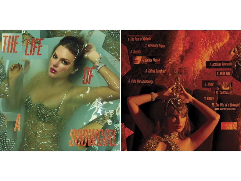 Esta combinación de imágenes muestra las portadas frontal, izquierda y posterior del próximo álbum The Life of a Showgirl de Taylor Swift.(Republic Records via AP)