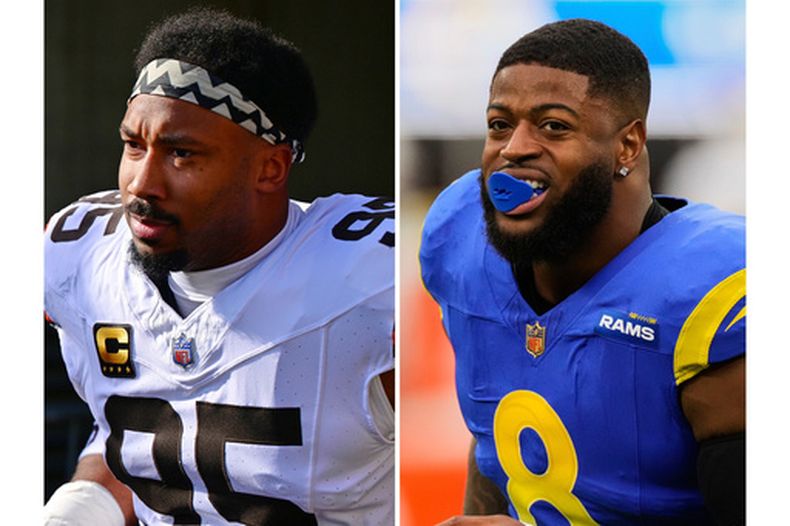 ARCHIVO - Esta imagen muestra al defensive end Myles Garrett (izquierda) de los Browns de Cleveland, el 4 de enero de 2026, y al linebacker Jared Verse de los Rams de Los Ángeles, el 4 de enero de 2026, en Inglewood, California. (AP Foto/David Dermer, Mark J. Terrill)