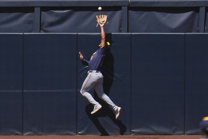 Jackson Chourio, jardinero central de los Cerveceros de Milwaukee, atrapa un elevado fretne al muro durante el encuentro del miércoles 24 de septiembre de 2025 ante los Padres de San Diego (AP Foto/Gregory Bull)