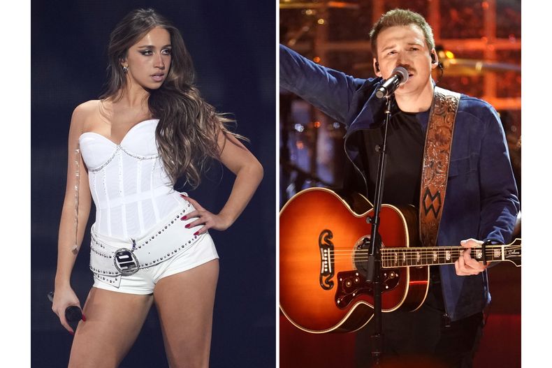 Tate McRae se presenta durante el iHeartRadio Jingle Ball de Z100 en Nueva York el 13 de diciembre de 2024, a la izquierda, y Morgan Wallen interpreta Man Made a Bar en la 57.ª edición anual de los Premios CMA en Nashville, Tennessee, el 8 de noviembre de 2023. (Foto AP)