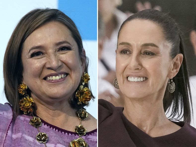 ARCHIVO - Esta combinación de imágenes muestra a la candidata opositora a la presidencia, Xóchitl Gálvez, a la izquierda, el 4 de julio de 2023, y a la favorita en los sondeos, Claudia Sheinbaum, el 29 de mayo de 2024, ambas en Ciudad de México. Las dos mujeres que se disputan la presidencia de México se miden el domingo en las urnas en unas elecciones caracterizadas por dos opciones opuestas: la de quienes quieren un cambio de rumbo y la de quienes respaldan la continuidad del modelo heredado del presidente Andrés Manuel López Obrador. (AP Foto/Archivo)