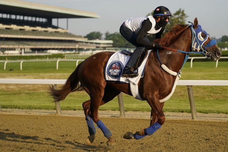 Il Miracolo entrena de cara al Belmont Stakes, la última fecha de la Triple Corona del hipismo, el viernes 9 de junio de 2023, en Belmont Park, en Elmont, Nueva York. (AP Foto/John Minchillo)