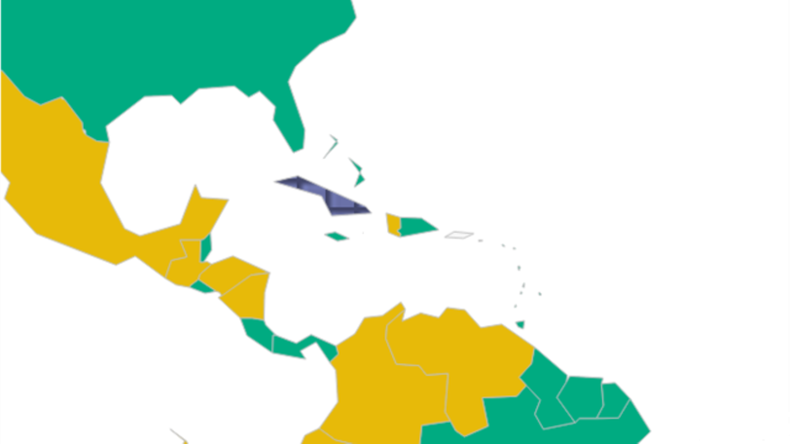 En códigos de colores Cuba destaca en morado (no libre) entre países libres (verde) y parcialmente libres (amarillo) en el mapa de la libertad 2015 de Freedom House.