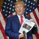 El expresidente estadounidense Donald Trump sujeta un artículo sobre la fiscal general del estado de Nueva York, Letitia James, en conferencia de prensa en Nueva York el 11 de enero de 2024.. (Foto AP/Mary Altaffer)