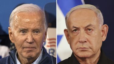 Esta combinación de fotografías muestra al presidente estadounidense Joe Biden, a la izquierda, el 8 de marzo de 2024 en Wallingford, Pensilvania, y al primer ministro israelí Benjamin Netanyahu, el 28 de octubre de 2023, en Tel Aviv, Israel. (Foto AP)