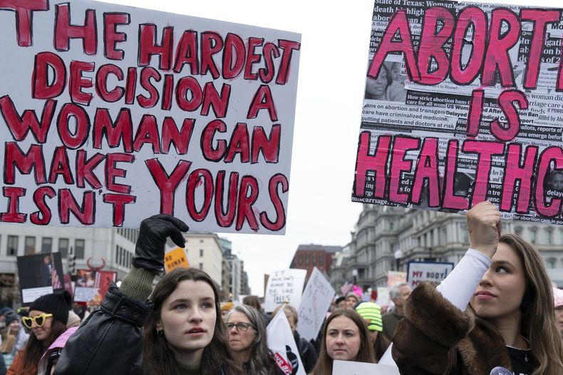 Manifestantes protestan contra el gobierno entrante del presidente electo Donald Trump en la Marcha del Pueblo, el sábado 18 de enero de 2025, en Washington. (AP Foto/Jose Luis Magana)