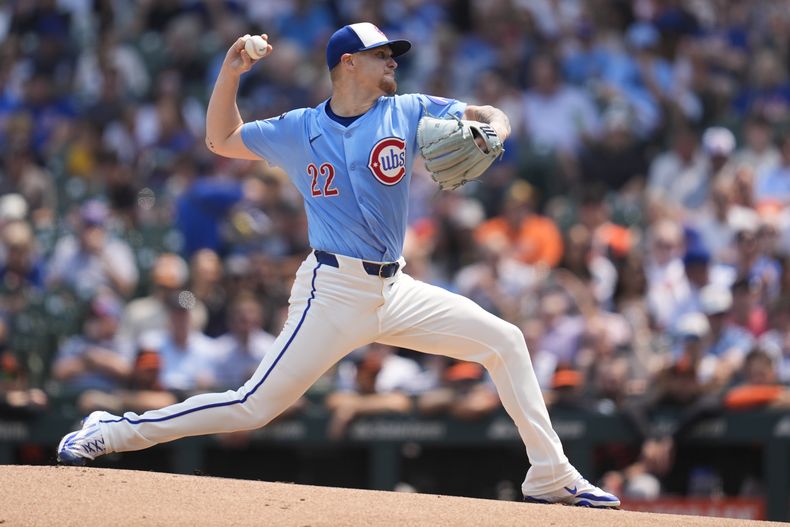 El lanzador abridor de los Cachorros de Chicago, Cade Horton (22), lanza contra los Orioles de Baltimore durante la primera entrada de un partido de béisbol, el viernes 1 de agosto de 2025, en Chicago. (AP Photo/Erin Hooley)