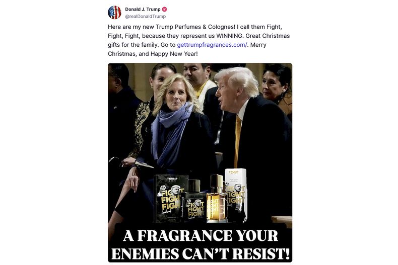 Esta captura de pantalla de una publicación de Donald Trump en su cuenta de Truth Social muestra al futuro presidente y a la primera dama Jill Biden durante la ceremonia de reapertura de la catedral de Notre Dame, el 7 de diciembre de 2024, en París. (Truth Social vía AP)