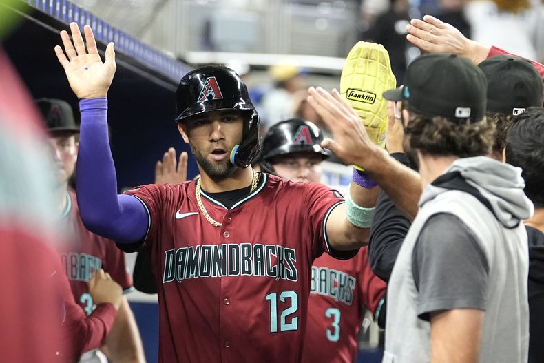El cubano de los Diamondbacks de Arizona, Lourdes Gurriel Jr. (12) es felicitado en el banco luego de anotar en un sencillo de Adrian Del Castillo durante la séptima entrada del juego de béisbol ante los Marlins de Miami, el lunes 19 de agosto de 2024, en Miami. (AP Foto/Lynne Sladky)