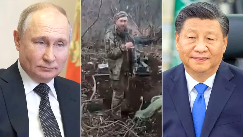 El jefe de estado ruso Vladimir Putin, el soldado ucraniano Timofiy Shadura ejecutado por tropas invasoras, y el jefe del régimen chino, Xi Jinping. Los mandatarios ratificaron hoy su alianza global (Infobae)