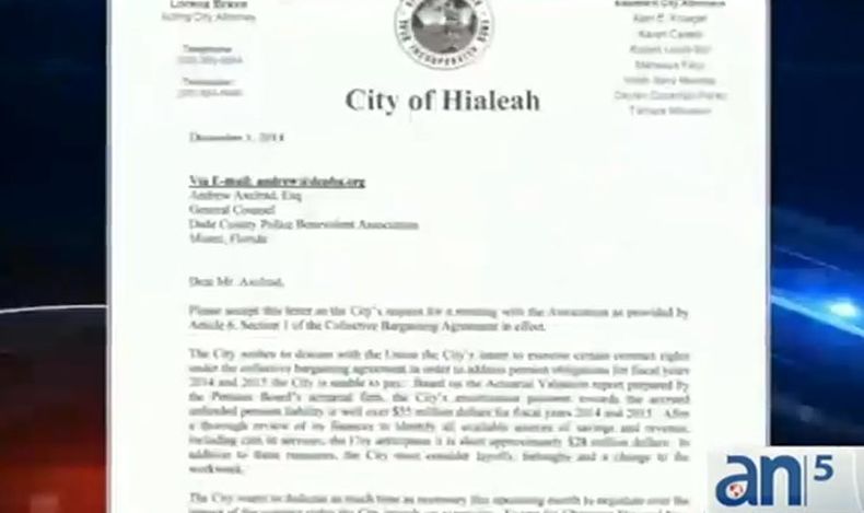 Una carta enviada por la Administración de Hialeah al Sindicato de la Policía revela que la ciudad tiene supuestos problemas para responder por el dinero de las pensiones.