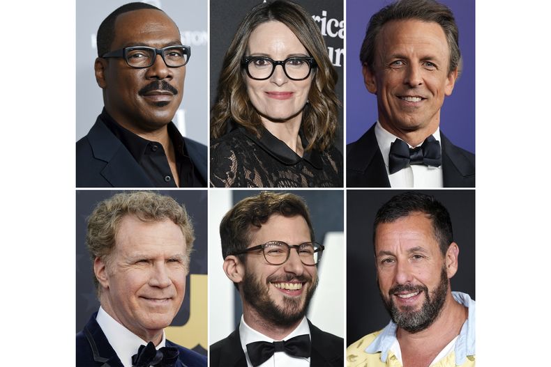Esta combinación de fotografías muestra a, fila superior desde la izquierda, Eddie Murphy, Tina Fey, Seth Meyers, fila inferior desde la izquierda, Will Ferrell, Andy Samberg y Adam Sandler. (Foto AP)
