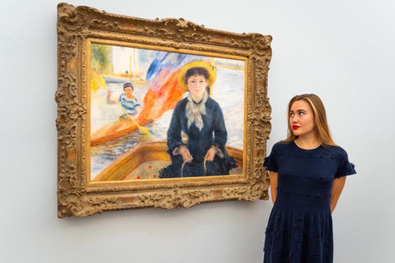 La obra “En Canon (Jeune fille à la barque)”, de Pierre-Auguste Renoir, se exhibe en Sothebys Londres durante la presentación previa de la colección Blaquier-Arrieta, un conjunto de doce obras impresionistas y modernas que habían permanecido prácticamente ocultas al público durante medio siglo el miércoles, 30 de septiembre de 2026. (Ben Bauer/PA via AP)