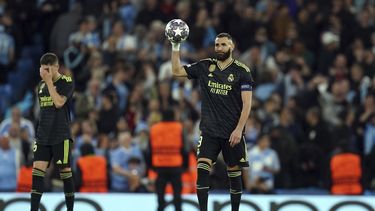 Karim Benzema del Real Madrid durante el partido contra el Manchester City en las semifinales de la Liga de Campeones, el miércoles 17 de mayo de 2023, en Manchester. (Martin Rickett/PA vía AP)