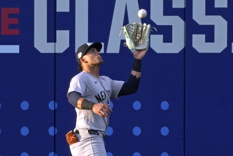 El dominicano de los Yankees de Nueva York atrapada un fly ball de Parker Meadows de los Tigres de Detroit en el juego de Pequeñas Ligas el domingo 18 de agosto del 2024. (AP Foto/Gene J. Puskar)