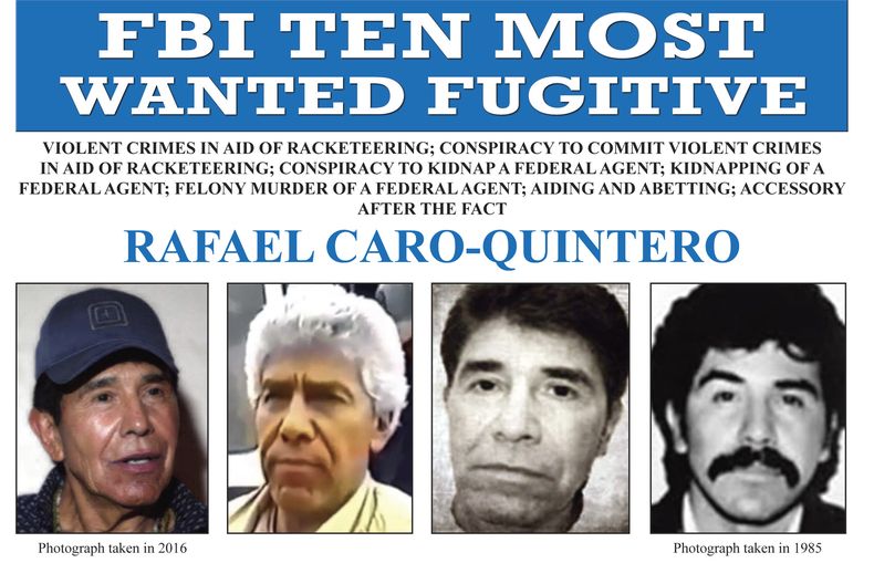 ARCHIVO - Esta imagen difundida por el FBI recoge que Rafael Caro Quintero es requerido por la justicia estadounidense. (FBI vía AP, Archivo)