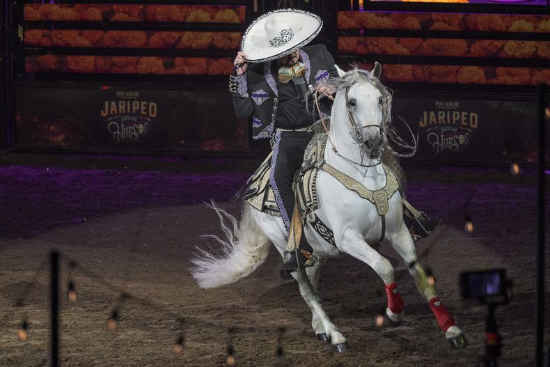 Pepe Aguilar monta a caballo en su espectáculo Jaripeo hasta los huesos tour 2024 en el Honda Center en Anaheim, California, el viernes 29 de marzo de 2024. El espectáculo rinde homenaje al Día de Muertos, una conocida celebración mexicana. (Foto AP/Damian Dovarganes)