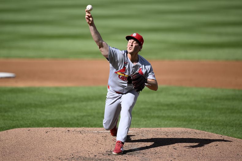 El lanzador abridor de los Cardenales de San Luis, Andre Pallante, lanza durante la segunda entrada de un juego de béisbol contra los Nacionales de Washington, el sábado 10 de mayo de 2025, en Washington. (AP Foto/Nick Wass)
