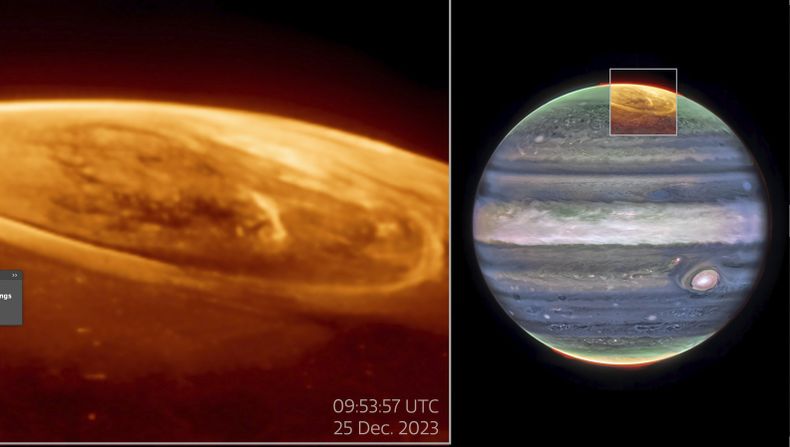 Esta imagen suministrada por la NASA muestra detalles de las auroras polares de Júpiter capturadas por el telescopio espacial James Webb. (NASA via AP)