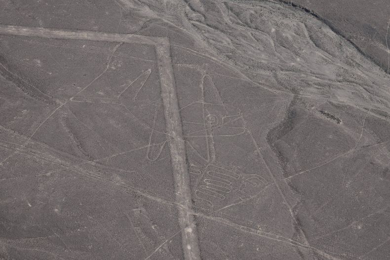 Esta toma aérea muestra dibujos de una ballena y un par de manos grabadas sobre la tierra, los cuales forman parte de los geoglifos llamados Líneas de Nazca, el sábado 7 de junio de 2025, en el desierto de Nazca, Perú. (AP Foto/Martín Mejía)