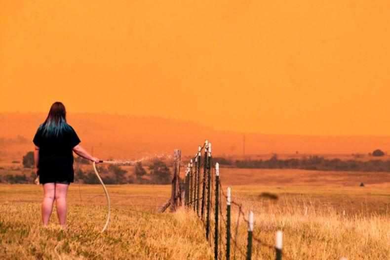 Una mujer utiliza una manguera para regar el pasto alrededor de Mountain Shadows Mobile Estates con la esperanza de impedir que el incendio Aspen Acres llegue a sus casas en el parque de vehículos móviles cerca de Beulah, Colorado, el lunes 29 de junio de 2026. (Jerilee Bennett/The Gazette vía AP)