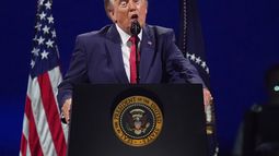 El presidente Donald Trump habla en el evento Salute to America (Saludo a Estados Unidos), una celebración del Día de la Independencia en honor al 250mo aniversario de la nación, el sábado 4 de julio de 2026, en el National Mall de Washington. (Foto AP/Alex Brandon)