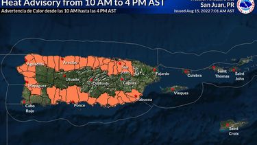 Este mapa muestra los municipios bajo advertencia de calor el lunes, 15 de agosto