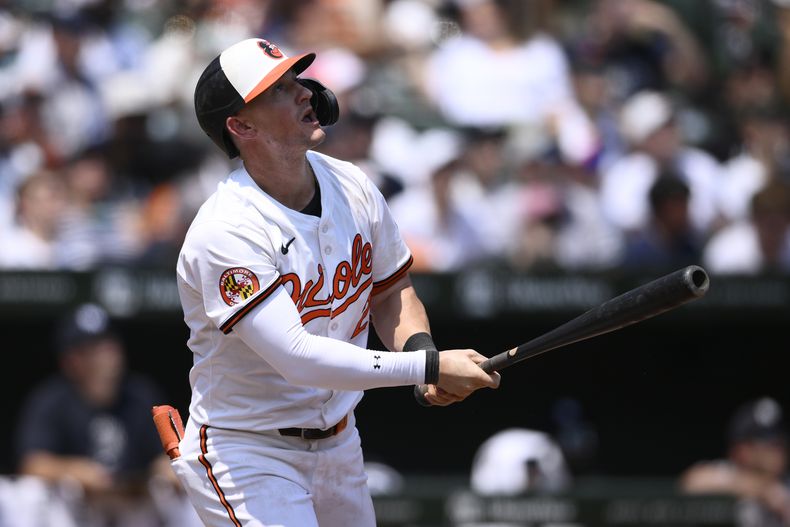 ARCHIVO - En foto del 14 de julio del 2024, Austin Hays de los Orioles de Baltimore durante el encuentro ante los Yankees de Nueva York. El viernes 26 de julio del 2024, Orioles envían a Hays a los Filis a cambio de los dominicanos Seranthoy Domínguez y Cristian Pache. (AP Foto/Nick Wass, Archivo)