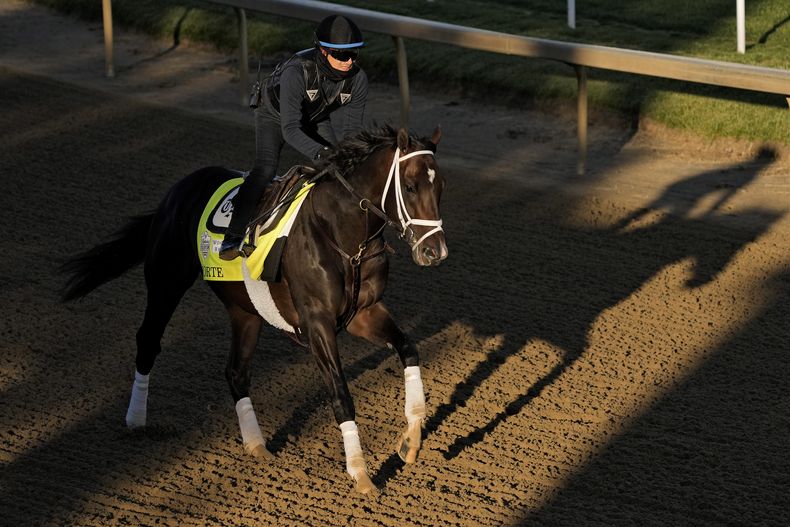 En foto del miércoles 3 de mayo del 2023, la potranca Forte realiza un entrenamiento en Churchill Downs antes del Derby de Kentucky. El sábado 6 de mayo del 2023, horas antes del Derby descartan a Forte, quien era favorita a ganar. (AP Foto/Charlie Riedel)