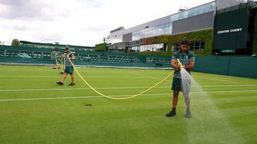 Personal riega las canchas antes del inicio de la jornada Wimbledon en el All England Club el domingo 28 de junio del 2026. (AP Foto/Kirsty Wigglesworth)