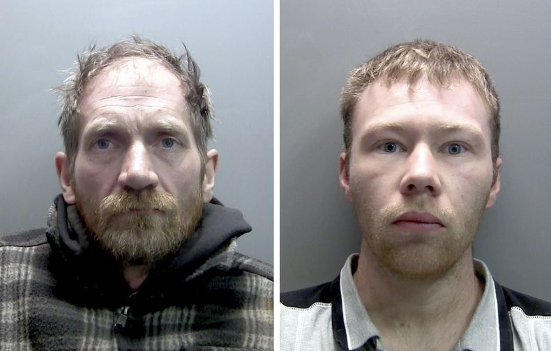 Fotografías sin fecha difundidas por la Policía de Northumbria de Daniel Daniel Graham, de 39 años, a la izquierda, y Adam Carruthers, de 32, sentenciados el martes 15 de julio de 2025. (Policía de Northumbria vía AP)