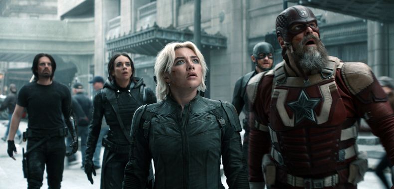 Esta imagen publicada por Marvel Studios muestra, de izquierda a derecha, Sebastian Stan, Hannah John-Kamen, Florence Pugh, Wyatt Russell y David Harbour en una escena de Thunderbolts. (Disney-Marvel Studios vía AP)