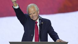 Peter Navarro levanta el puño mientras pronuncia un discurso en la Convención Nacional Republicana, el miércoles 17 de julio de 2024, en Milwaukee, Wisconsin. (AP Foto/J. Scott Applewhite)