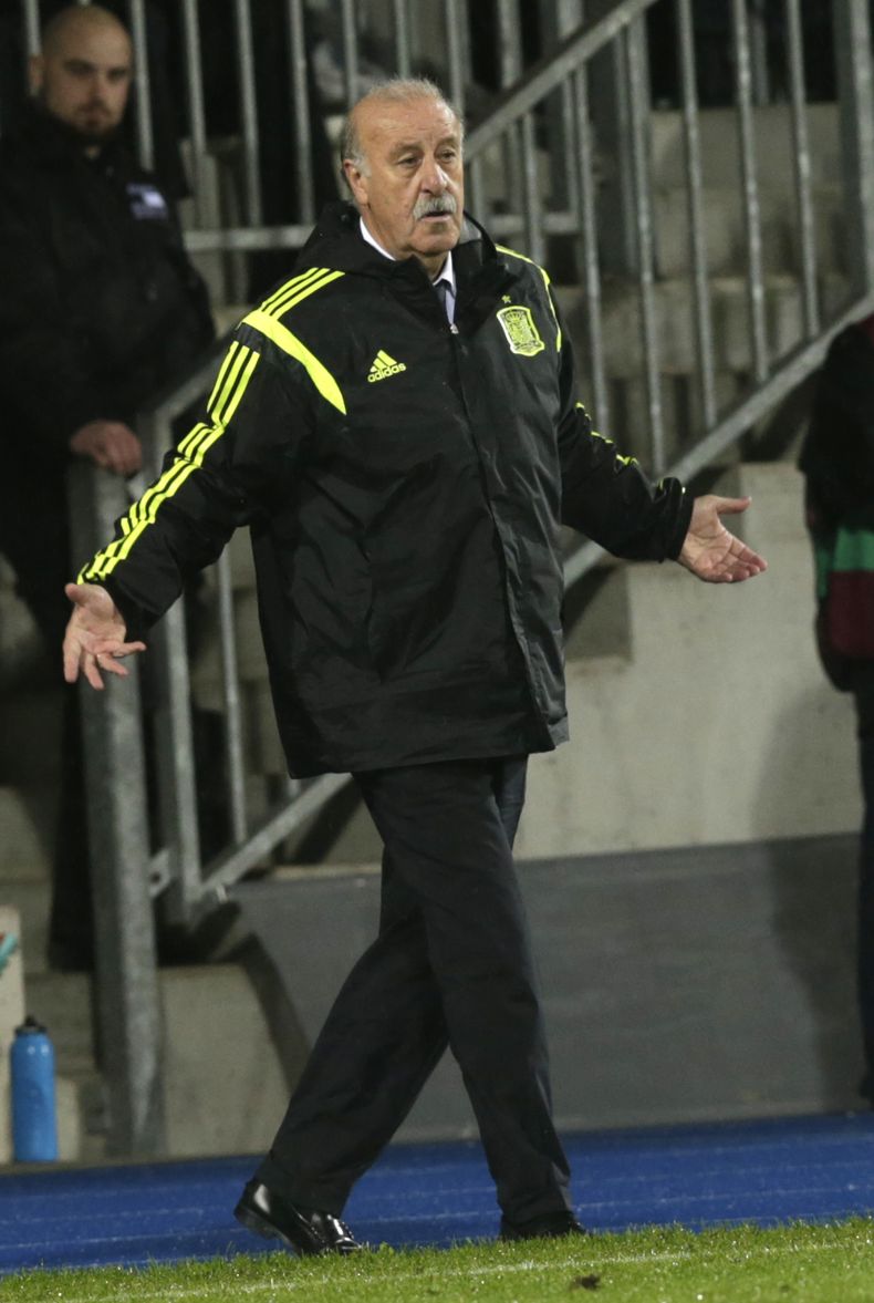 En la imagen,el seleccionador de Espa&ntilde;a, Vicente del Bosque, reacciona en un momento de un partid del Grupo C de clasificaci&oacute;n para la Eurocopa 2016 contra Luxemburgo en el estadio Josy Barthel, en Luxemburgo, el 12 de octubre de 2014. (Foto