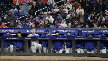 Los Mets de Nueva York observan el final del cuarto juego de la Serie de Campeonato de la Liga Nacional ante los Dodgers de Los Ángeles, el jueves 17 de octubre de 2024 (AP Foto/Frank Franklin II)