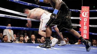 americateve | Bermane Stiverne derriba a Chris Arreola durante una pelea por el cetro de los pesados, el s&aacute;bado 10 de mayo de 2014 (AP Foto/Chris Carlson)