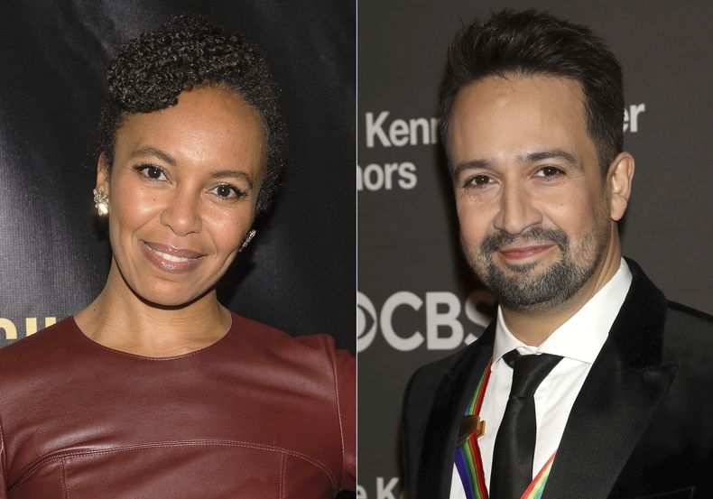 Eisa Davis en los Premios Lucille Lortel 2016 por logros excepcionales fuera de Broadway el 1 de mayo de 2016, en Nueva York, izquierda, y Lin-Manuel Miranda en los Kennedy Center Honors en Washington el 3 de diciembre de 2023. (Foto AP)