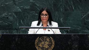 La presidenta encargada de Venezuela, Delcy Rodríguez, da su mensaje ante la 81er Asamblea General de la ONU, el 23 de septiembre de 2026. (AP Foto/Frank Franklin II)